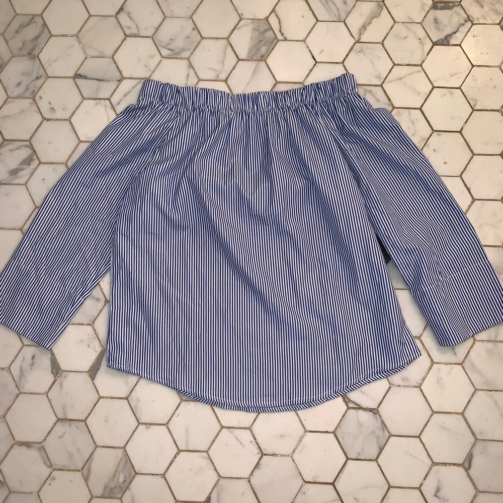 Off-The-Shoulder Navy and White Striped Top.